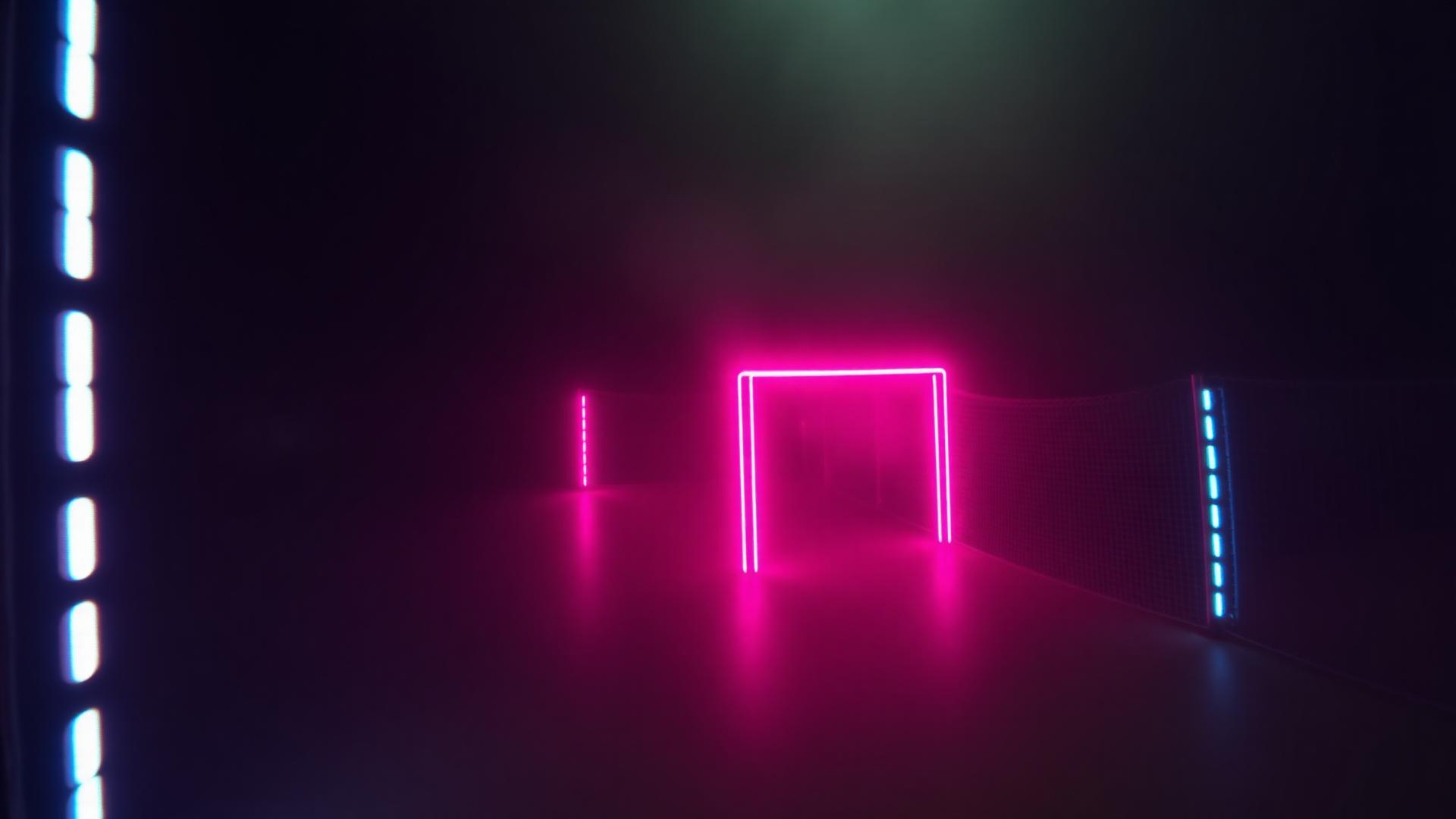Neon-lit indoor FPV drone race track with glowing gates